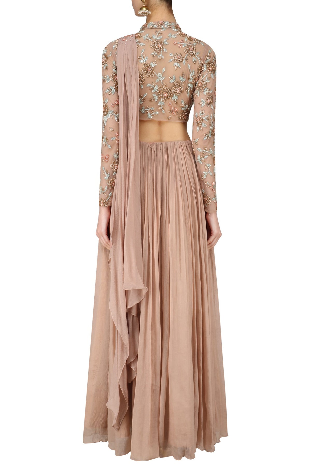 Nude Rose Embroidered Choker Crop Top with Crushed Skirt