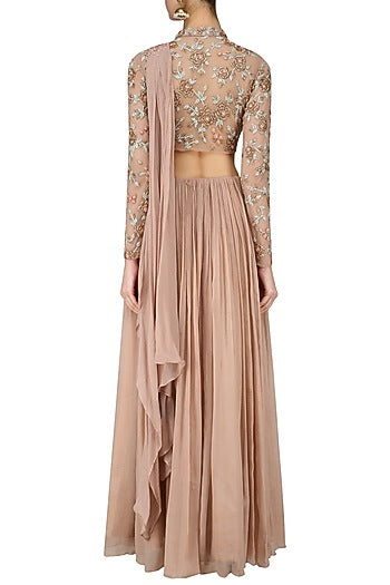 Nude Rose Embroidered Choker Crop Top with Crushed Skirt