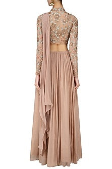 Nude Rose Embroidered Choker Crop Top with Crushed Skirt