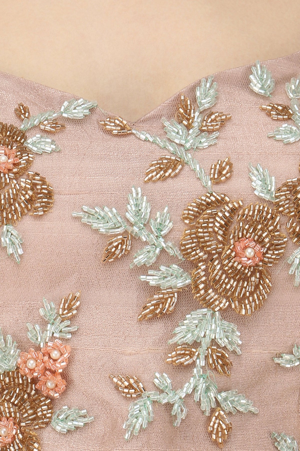 Nude Rose Embroidered Choker Crop Top with Crushed Skirt