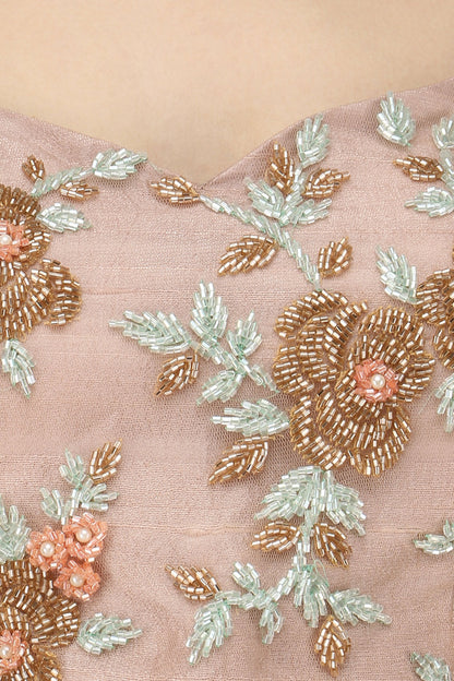Nude Rose Embroidered Choker Crop Top with Crushed Skirt
