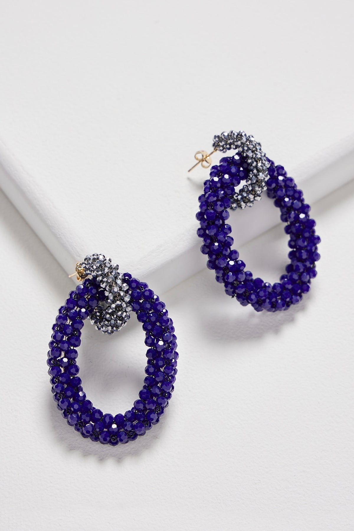 Black Rhodium Finish Blue & Silver Crystal Chunky Hoop Earrings