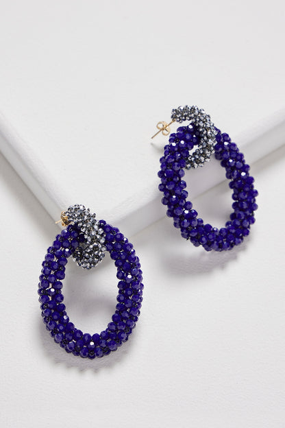 Black Rhodium Finish Blue & Silver Crystal Chunky Hoop Earrings