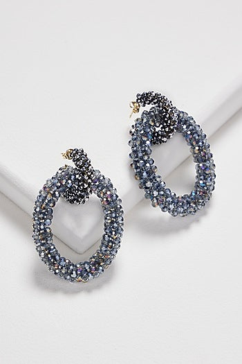 White Finish Light Blue & Silver Crystal Chunky Hoop Earrings