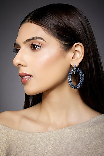 White Finish Light Blue & Silver Crystal Chunky Hoop Earrings