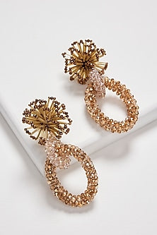 Gold Finish Champagne Flower Burst & Crystal Hoop Earrings