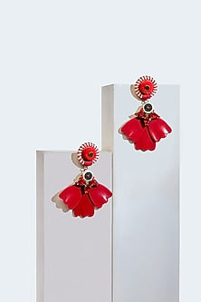 White Finish Red Crystal & Pearl Dangler Earrings
