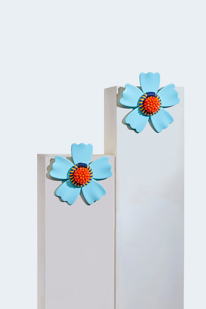 White Finish Blue & Orange Floral Stud Earrings
