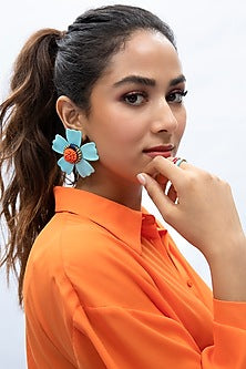 White Finish Blue & Orange Floral Stud Earrings