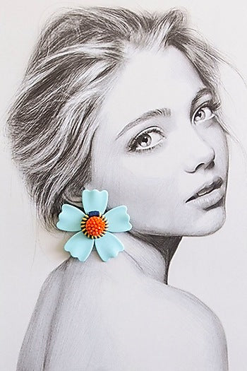 White Finish Blue & Orange Floral Stud Earrings