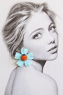 White Finish Blue & Orange Floral Stud Earrings