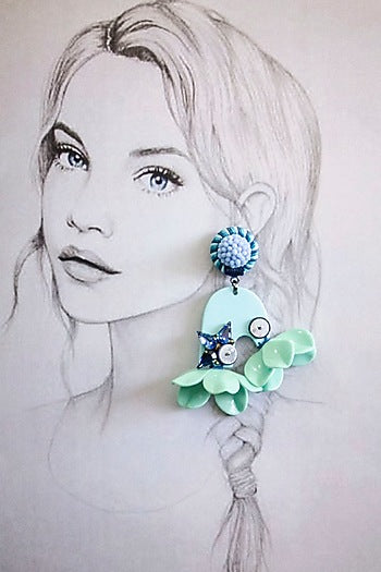 White Finish Sea Green Floral Drop Dangler Earrings
