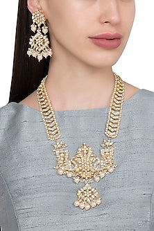Gold Plated Kundan and Pearls Long Necklace with Earrings