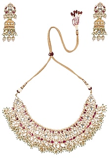 Gold Plated Pink and White Semi Precious Stones Choker Necklace with Jhumki Earrings