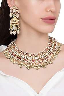 Gold Plated Pink and White Semi Precious Stones Choker Necklace with Jhumki Earrings