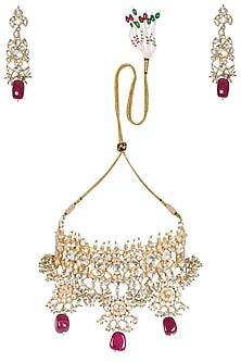 Gold Plated White and Maroon Semi Precious Stones Choker Necklace with Earrings and Maangtika
