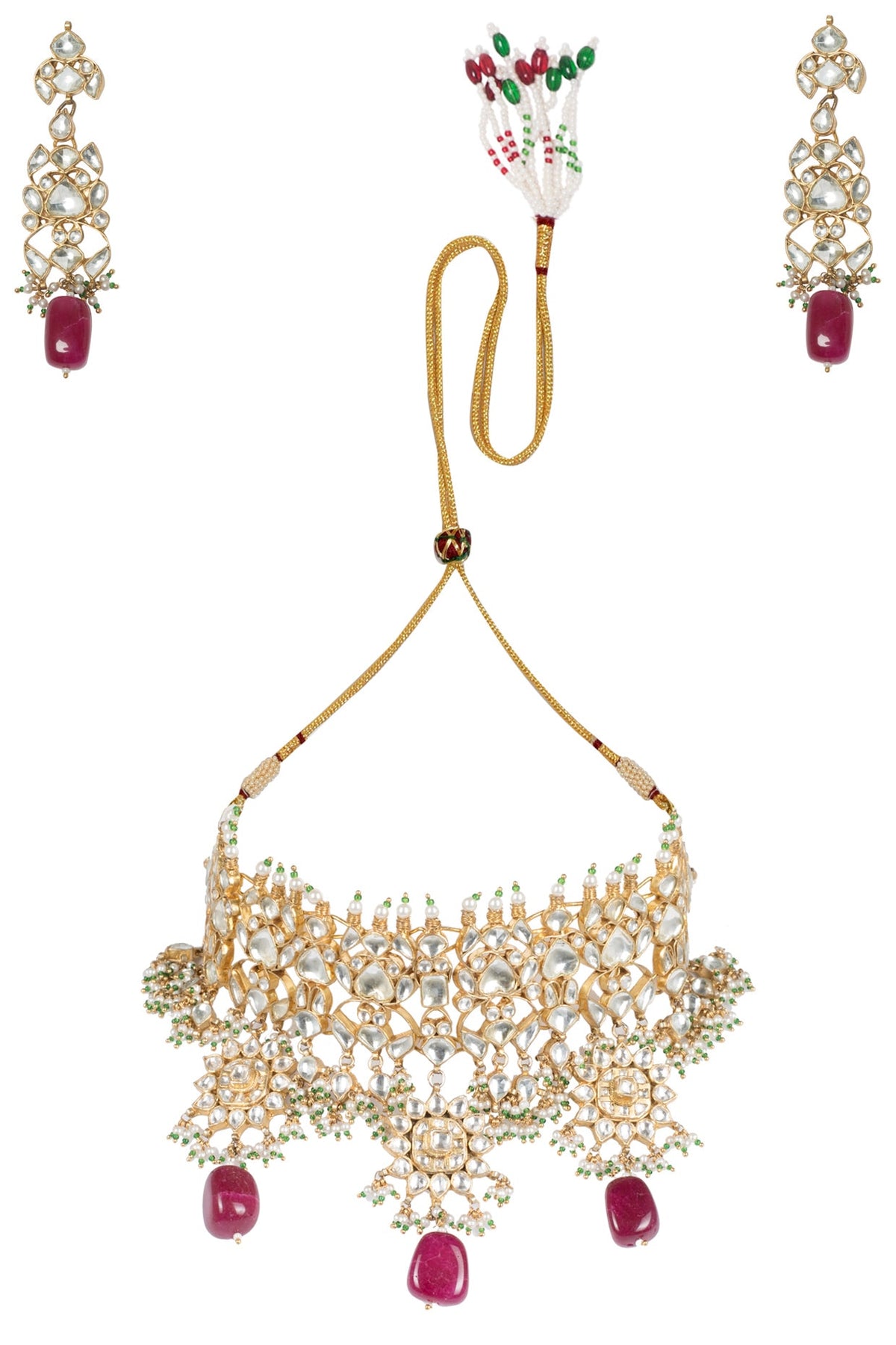 Gold Plated White and Maroon Semi Precious Stones Choker Necklace with Earrings and Maangtika