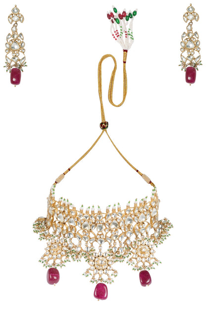 Gold Plated White and Maroon Semi Precious Stones Choker Necklace with Earrings and Maangtika
