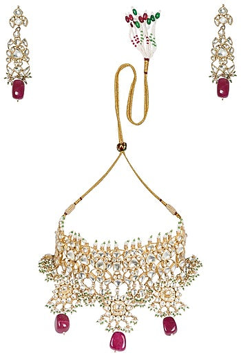 Gold Plated White and Maroon Semi Precious Stones Choker Necklace with Earrings and Maangtika