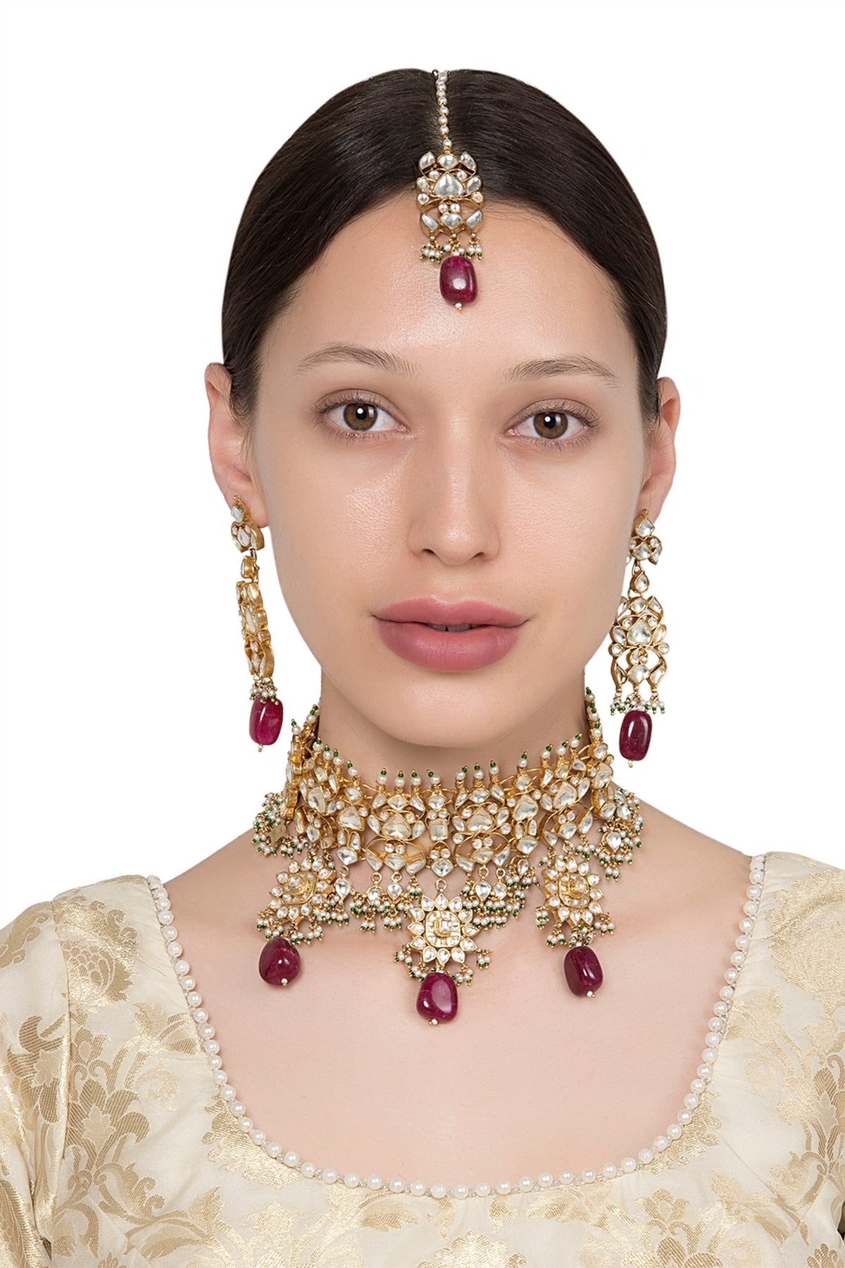 Gold Plated White and Maroon Semi Precious Stones Choker Necklace with Earrings and Maangtika
