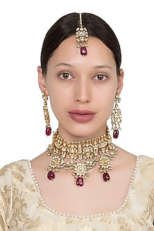 Gold Plated White and Maroon Semi Precious Stones Choker Necklace with Earrings and Maangtika