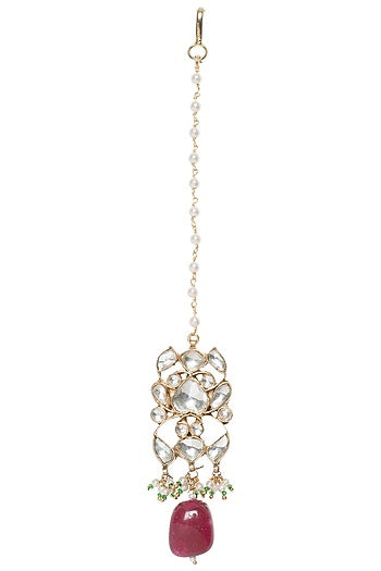 Gold Plated White and Maroon Semi Precious Stones Choker Necklace with Earrings and Maangtika