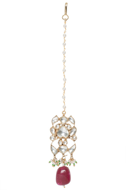 Gold Plated White and Maroon Semi Precious Stones Choker Necklace with Earrings and Maangtika