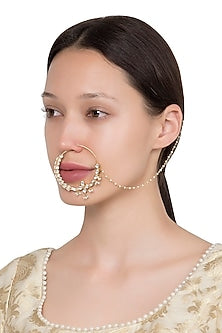 Gold Plated Floral Kundan and Pearls Nose Ring