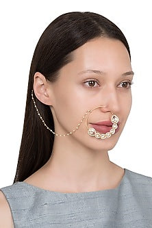 Gold Plated Kundan and Pearls Nose Ring