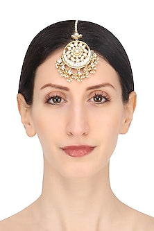 Gold Plated White Jadtar Stone Crescent Maang Tikka
