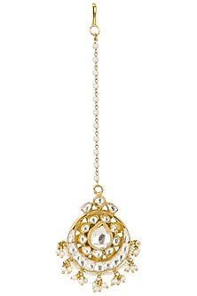 Gold Plated White Jadtar Stone and Pearl Crescent Maang Tikka