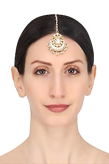 Gold Plated White Jadtar Stone and Pearl Crescent Maang Tikka