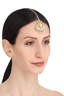 Gold Plated White Jadtar Stone and Pearl Crescent Maang Tikka