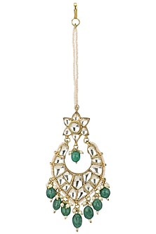 Gold Plated White and Green Stone Maang Tikka