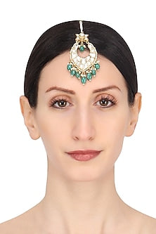 Gold Plated White and Green Stone Maang Tikka