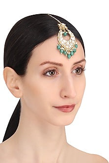 Gold Plated White and Green Stone Maang Tikka
