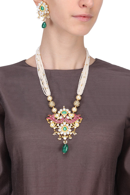 Gold Plated Pink and Green Stone Peacock Pendant Necklace With Earrings Set