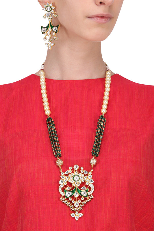 Gold Plated Green Stone Meena Pendant Necklace With Earrings Set