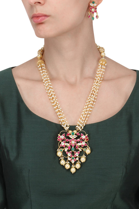Gold Plated Pink and Green Stone Pendant Necklace With Earrings Set