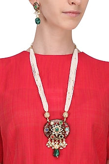 Gold Plated Navratna Stone Pendant Necklace With Earrings Set