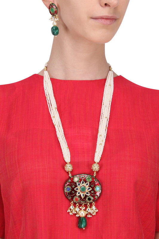 Gold Plated Navratna Stone Pendant Necklace With Earrings Set