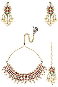 Gold Finish Pink and Green Stone Choker Necklace Set with Maang Tikka