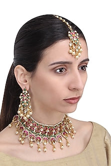Gold Finish Pink and Green Stone Choker Necklace Set with Maang Tikka