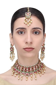 Gold Finish Pink and Green Stone Choker Necklace Set with Maang Tikka