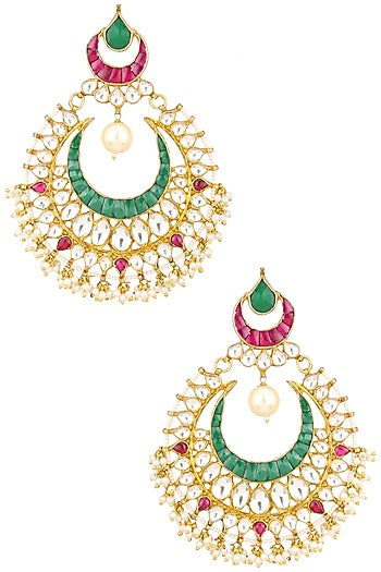 Gold Finish Green and Kundan Stone Chandbali Earrings