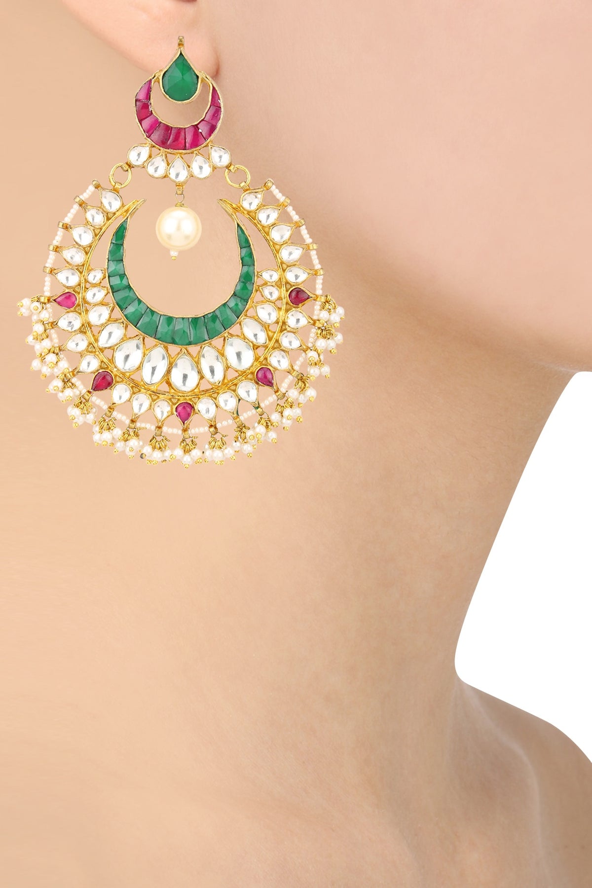 Gold Finish Green and Kundan Stone Chandbali Earrings