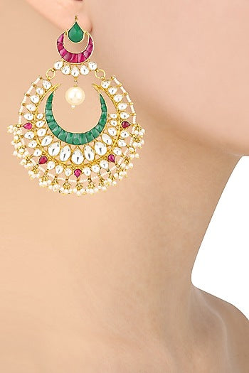 Gold Finish Green and Kundan Stone Chandbali Earrings
