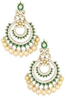 Gold Finish White and Green Jadtar Stone Chandbali Earrings