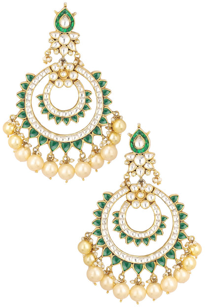 Gold Finish White and Green Jadtar Stone Chandbali Earrings