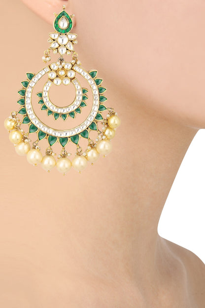 Gold Finish White and Green Jadtar Stone Chandbali Earrings